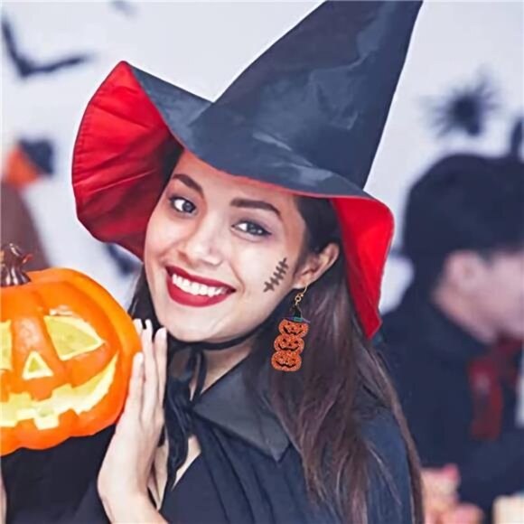 WOWORAMA Triple Pumpkin Dangle Earrings | Glitter Jack-O’-Lantern & Witch Hat - Picture 3 of 6